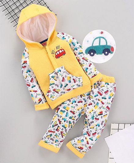 Babyhug Hooded Sweat Jacket & Lounge Pant Vehicle Print - Yellow