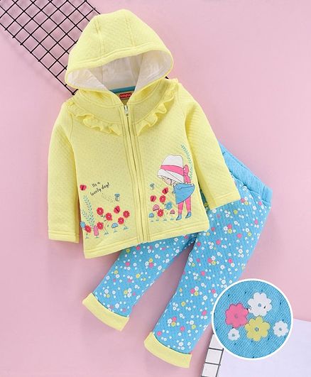 Babyhug Hooded Sweat Jacket & Lounge Pant Floral Print & Motifs - Yellow Blue