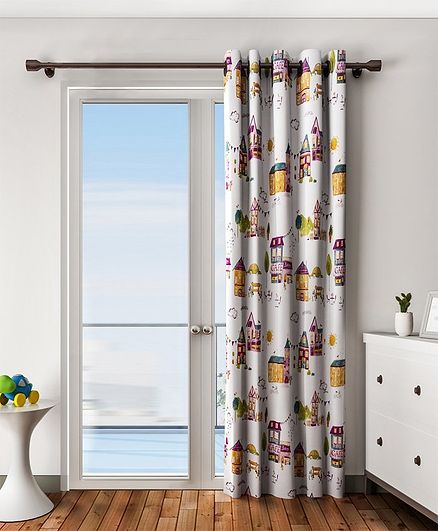 Urban Dream Eyelet Long Curtain City Print - Blue And Yellow