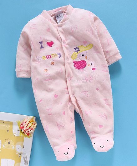 Kookie Kids Full Sleeves Winter Wear Footed Romper Flamingo Embroidered - Light Pink