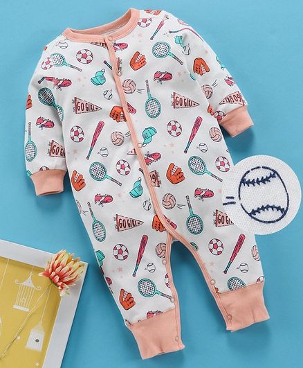Kookie Kids Full Sleeves Romper Sports Print - Peach