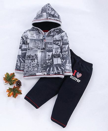 Ollypop Full Sleeves Hooded Tee & Lounge Pants Set Multi Print - Grey