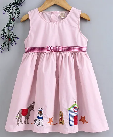 Smile Rabbit Sleeveless Frock Animal Patch - Light Pink