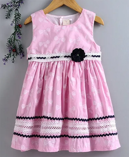 Smile Rabbit Sleeveless Lace Embroidered Frock Bow Print - Light Pink