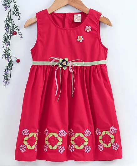 Smile Rabbit Sleeveless Floral Embroidered Frock - Dark Pink