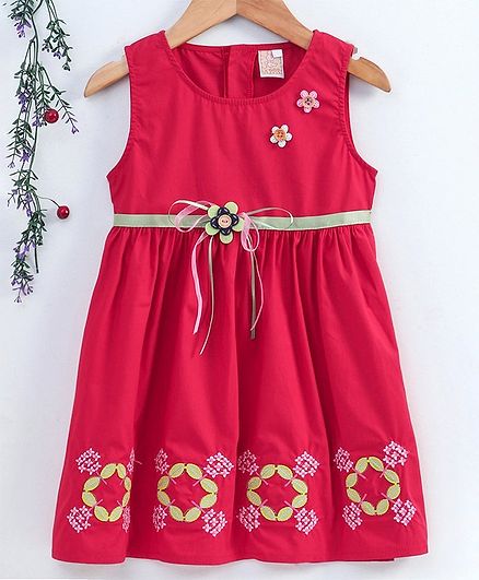 Smile Rabbit Sleeveless Floral Embroidered Frock - Dark Pink