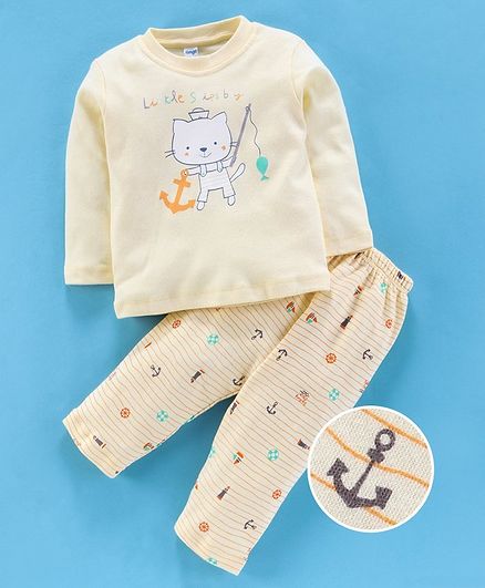 Tango Full Sleeves Tee And Lounge Pant Kitty Print - Yellow