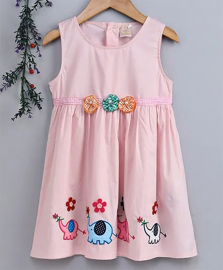 Smile Rabbit Sleeveless Frock Elephant Patch - Light Pink