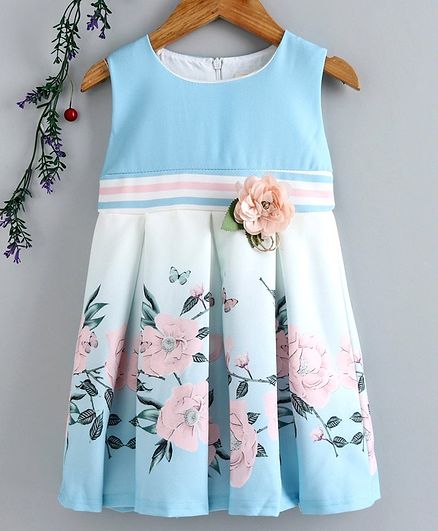 Smile Rabbit Sleeveless Floral Printed Frock - Light Blue