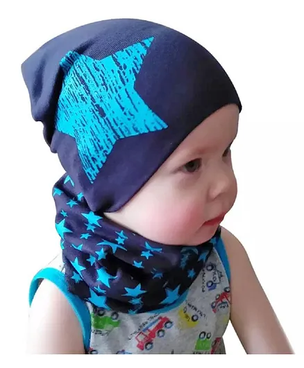 Ziory Star Printed Winter Warm Cap With Scarf - Navy Blue