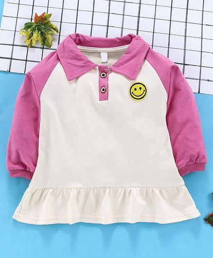 Kookie Kids Full Sleeves Top Smiley Patch - Cream & Pink