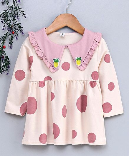 Kookie Kids Full Sleeves Collar Neck Frock Polka Dot Print - Pink Cream