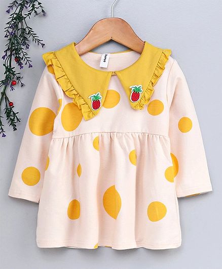 Kookie Kids Full Sleeves Collar Neck Frock Polka Dot Print - Yellow Cream