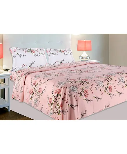 Haus & Kinder Victorian Summer Dream Cotton Double Bedsheet with 2 Pillow Covers - Pink