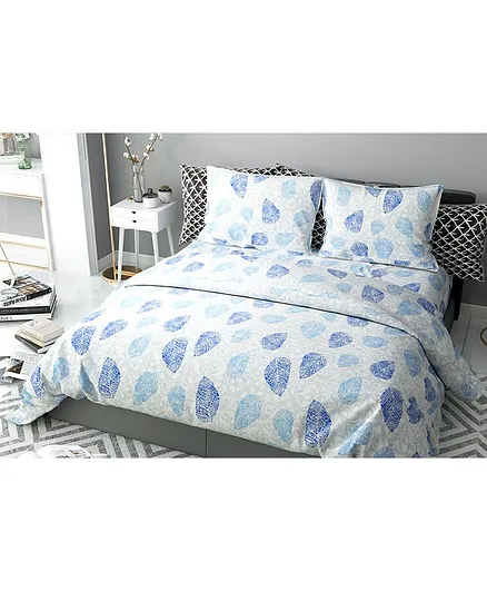 Haus & Kinder Leaves Block Print Cotton Double Bedsheet with 2 Pillow Covers -Blue