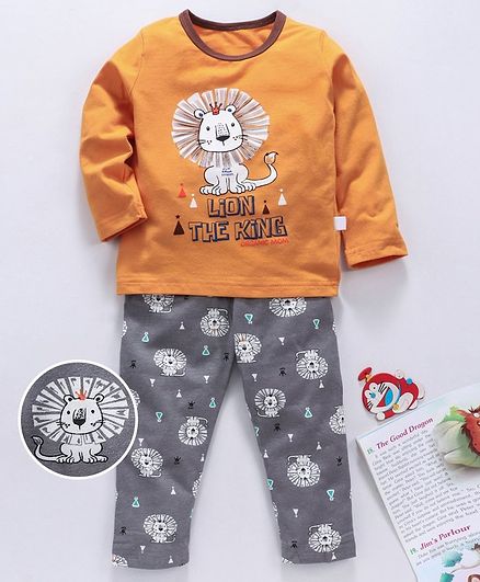 Kookie Kid Full Sleeves Night Suit Lion Print - Orange