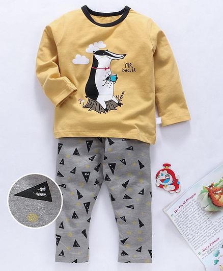 Kookie Kids Full Sleeves Night Suit Animal Print - Beige