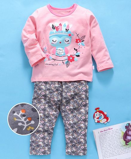 Kookie Kids Full Sleeves Night Suit Owl Print - Pink