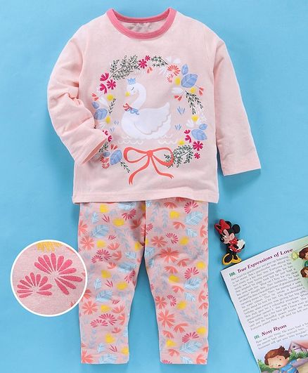Kookie Kids Full Sleeves Night Suit Floral Print - Light Pink