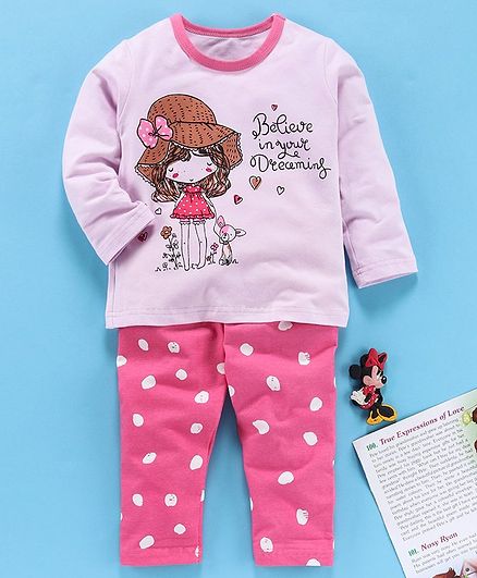 Kookie Kids Full Sleeves Night Suit Believe Print - Light Purple