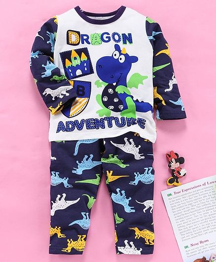 Kookie Kids Full Sleeves Night Suit Believe Print - White Navy Blue