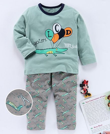 Kookie Kids Full Sleeves Night Suit Alligator Print - Green