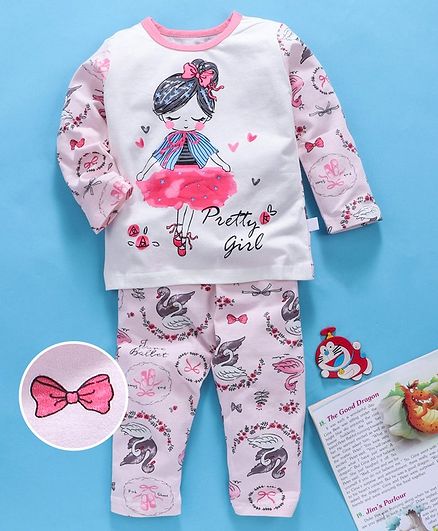 Kookie Kids Full Sleeves Night Suit Ballerina Print - White Pink