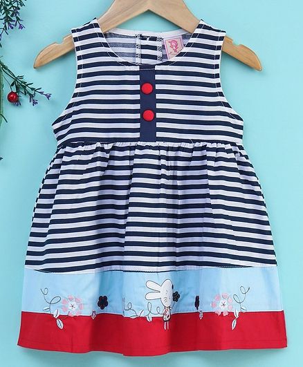 Sunny Baby Sleeveless Striped Frock Bunny Patch - Navy Blue