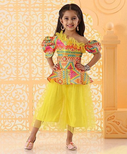 Kirti Agarwal Pret N Couture Varsha Showering Trends Printed Half Sleeves Top With Skirt - Yellow