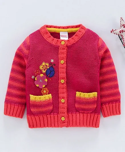 Babyhug Full Sleeves Sweater Flower Patch - Dark Pink