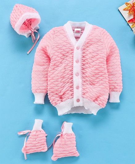 Babyhug Full Sleeves Sweater With Cap & Booties Geometrical Design - Pink