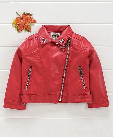 Kookie Kids Full Sleeves Faux Leather Jacket - Red