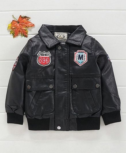 Kookie Kids Full Sleeves Faux Leather Jacket Freeway Patch - Black