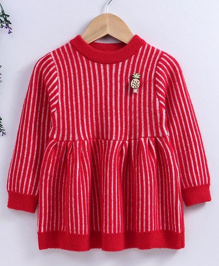 Kookie Kids Full Sleeves Striped Winter Frock - Red