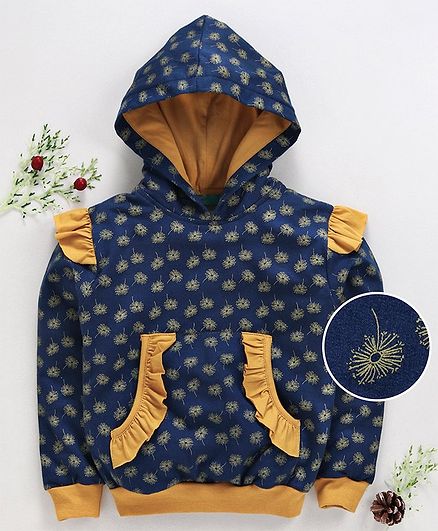 Tiara Printed Front Pocket Full Sleeves Hoodie - Blue
