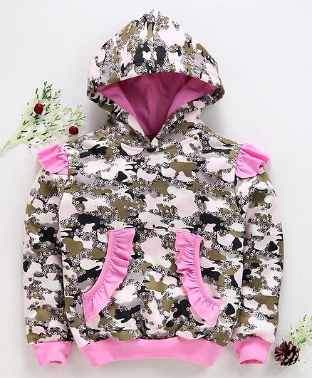 Tiara Flowers Printed Front Pocket Full Sleeves Hoodie - Pink