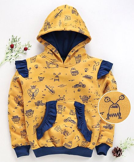 Tiara Monsters Printed Front Pocket Full Sleeves Hoodie - Yellow