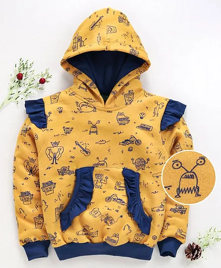 Tiara Monsters Printed Front Pocket Full Sleeves Hoodie - Yellow