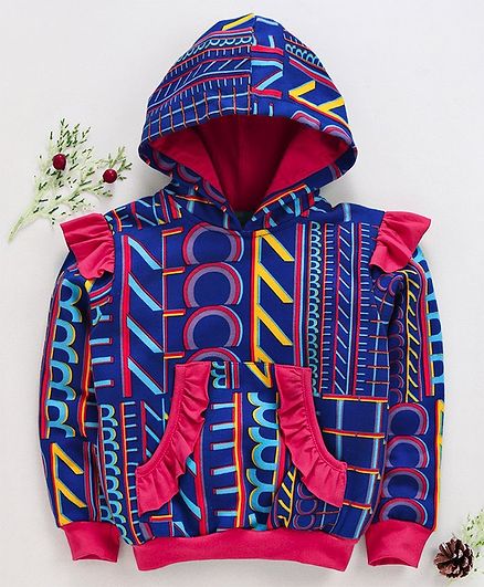 Tiara Printed Front Pocket Full Sleeves Hoodie - Pink & Blue