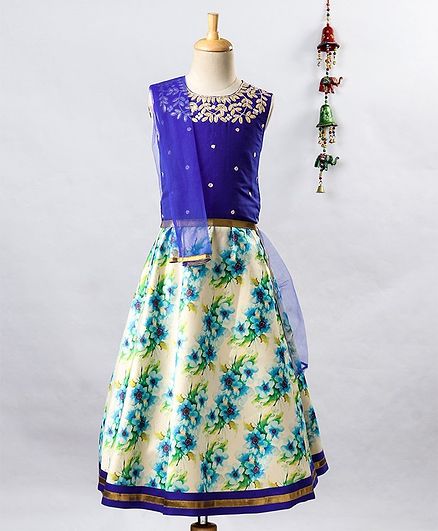 Twisha Golden Leaves Embroidered Sleeveless Choli With Floral print Lehenga & Net Dupatta - Blue