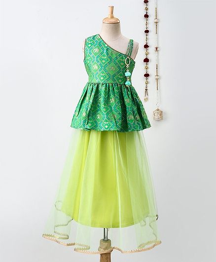 Twisha Sleeveless Brocade Asymmetrical Neck Top With Tulle Flare Lehenga - Green