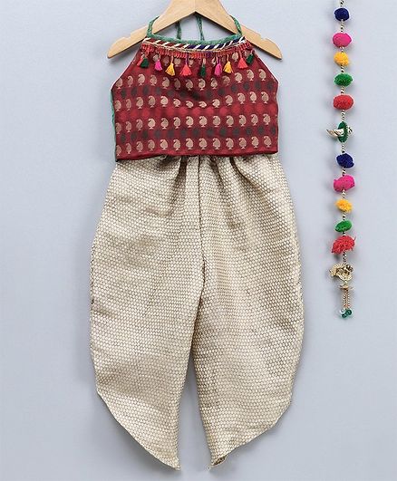 Many Frocks & Paisley Design Sleeveless Top With Dhoti - Maroon & Beige