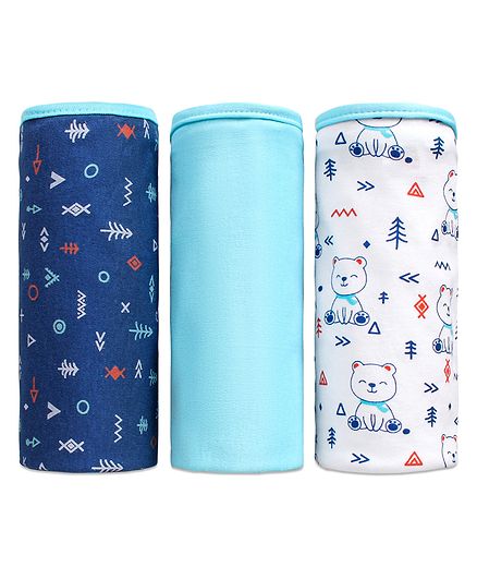 Babyhug 100% Cotton Wrapper Pack of 3 Teddy Print - Blue & White
