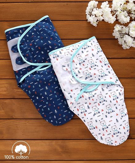 Babyhug Swaddle Wrapper 100% Cotton Printed Set of 2 - White & Blue
