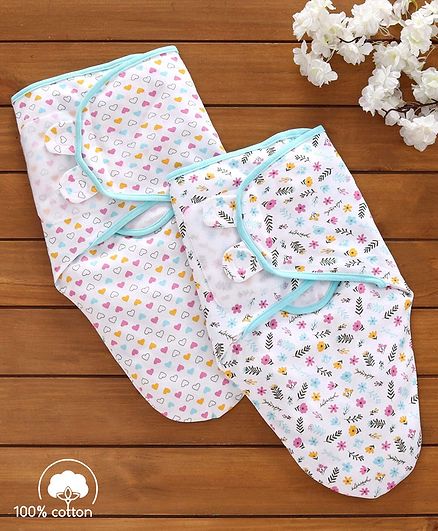 Babyhug Swaddle Wrapper 100% Cotton Printed Set of 2 - White & Blue