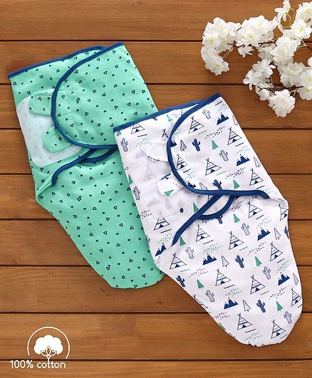 Babyhug Swaddle Wrapper 100% Cotton Printed Set of 2 - Green & Blue