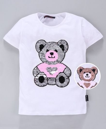MAGIC TEES Half Sleeves Teddy Bear Reverse Sequinned Tee - White