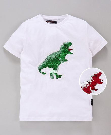 MAGIC TEES Half Sleeves Reverse Sequinned Dinosaur Patch Tee - Green