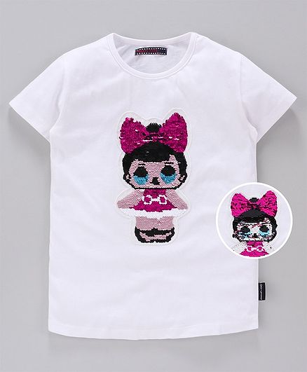 MAGIC TEES Half Sleeves Reverse Sequinned Doll Patch Tee - Pink