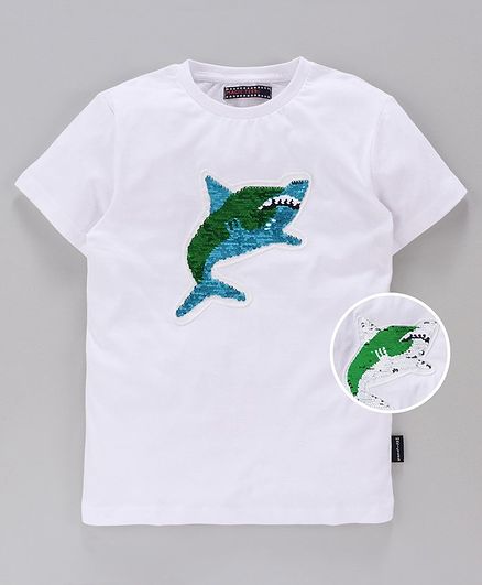 MAGIC TEES Half Sleeves Reverse Sequinned Shark Patch Tee - Blue